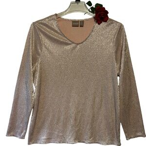 Chico’s long sleeve pink silver shimmer shiny metallic V neck top 3 (Lg) NWOT